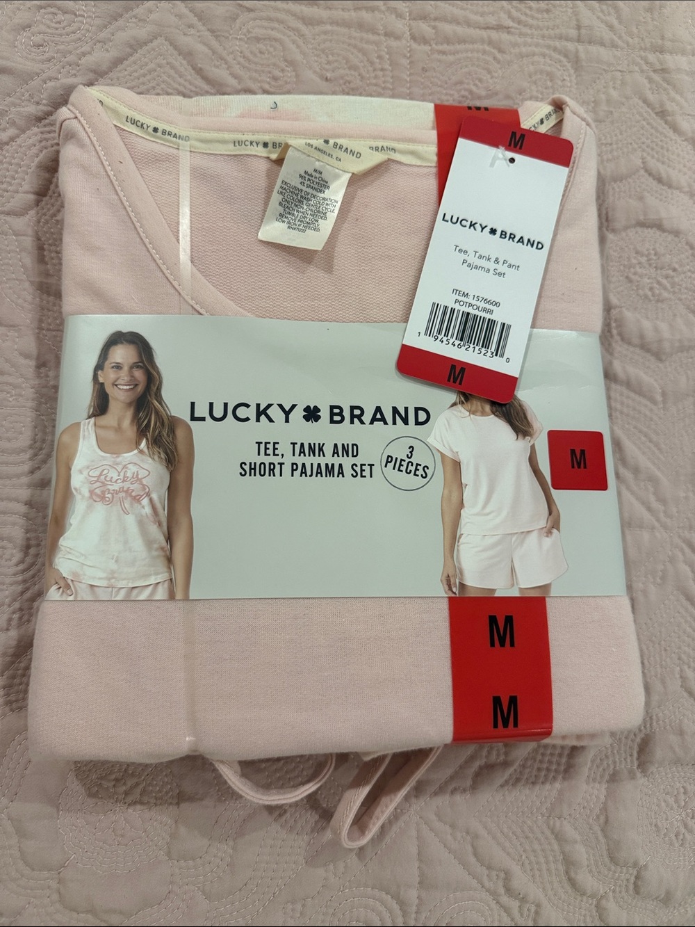 Lucky Brand Light Pink Tee, Tank & Short Pajama Set